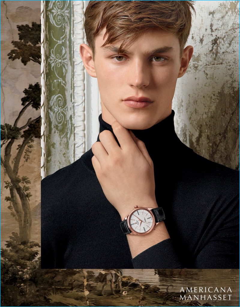 Kit Butler dons a fine Rolex timepiece for Americana Manhasset.