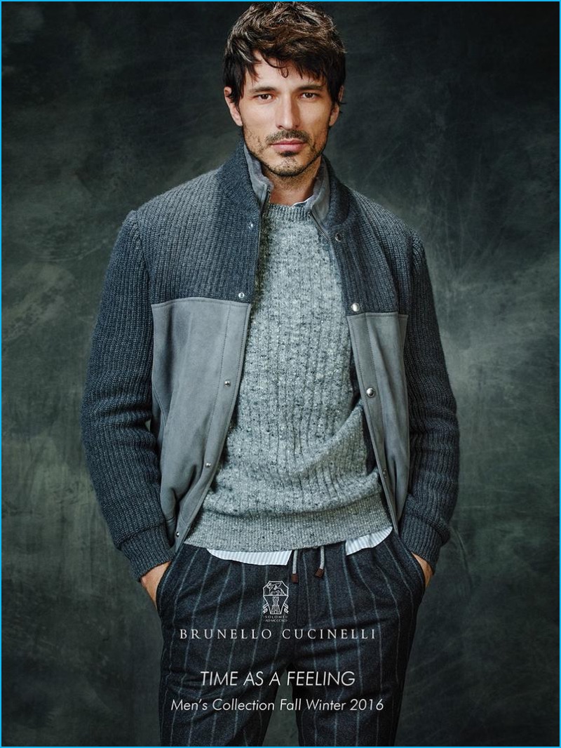 Andres Velencoso dons shades of grey, wearing a choice ensemble from Brunello Cucinelli's fall-winter 2016 collection.