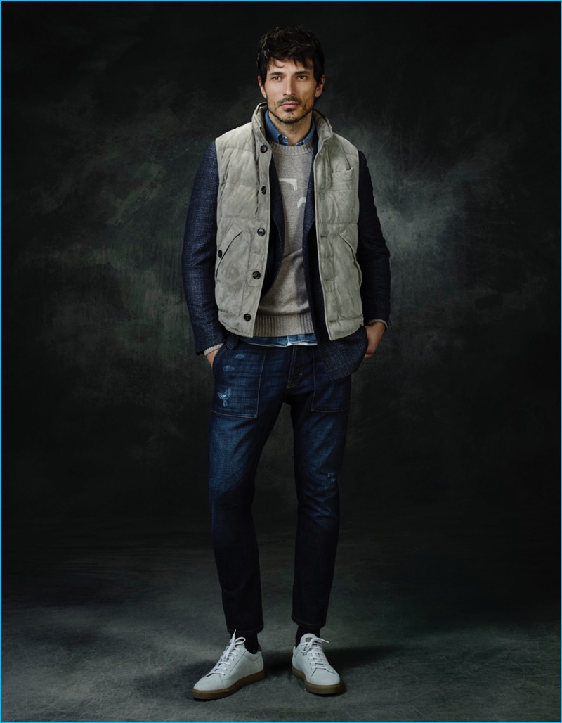 Andres Velencoso pictured in a quilted vest and denim from Brunello Cucinelli's fall-winter 2016 collection.