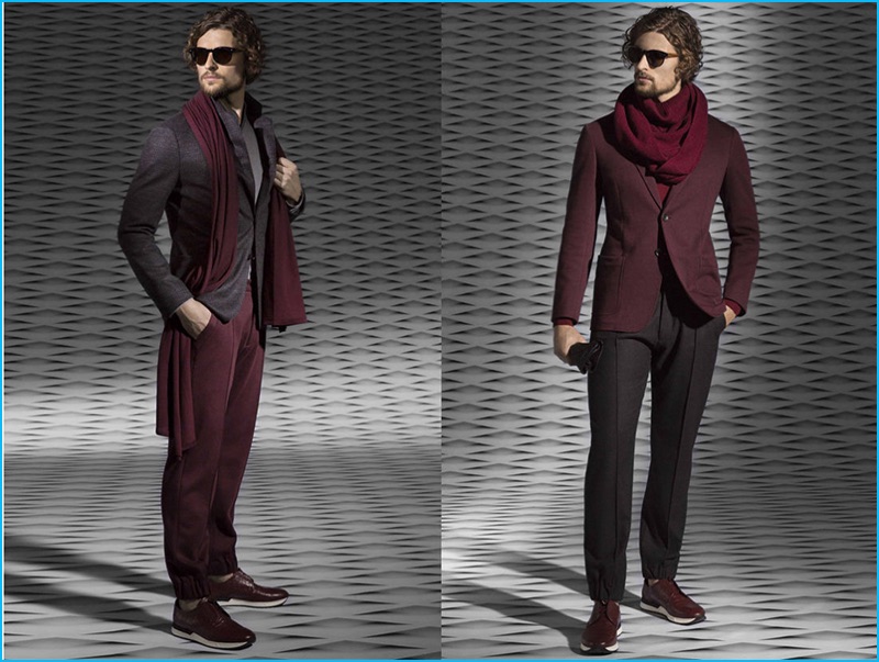 Wouter Peelen dons deep red tailored fashions from Armani Collezioni's fall-winter 2016 collection.