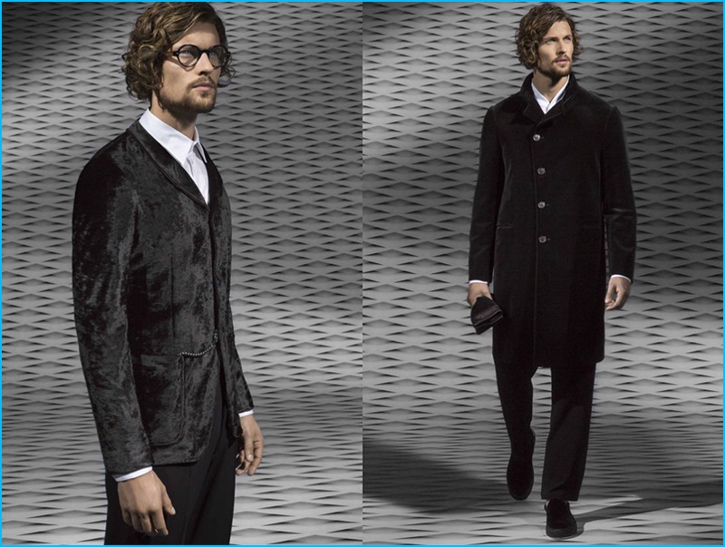 Wouter Peelen embraces sleek dark styles from Armani Collezioni's fall-winter 2016 collection.
