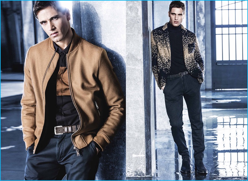 Fabio Mancini models one of Armani Jeans' standout bomber jackets for fall-winter 2016.