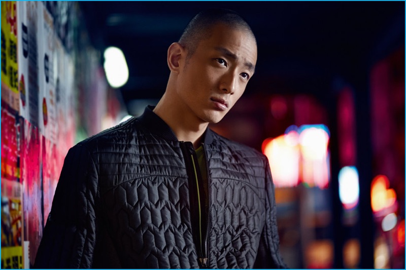 Sung Jin Park wears a quilted jacket for BOSS Green's fall-winter 2016 campaign.