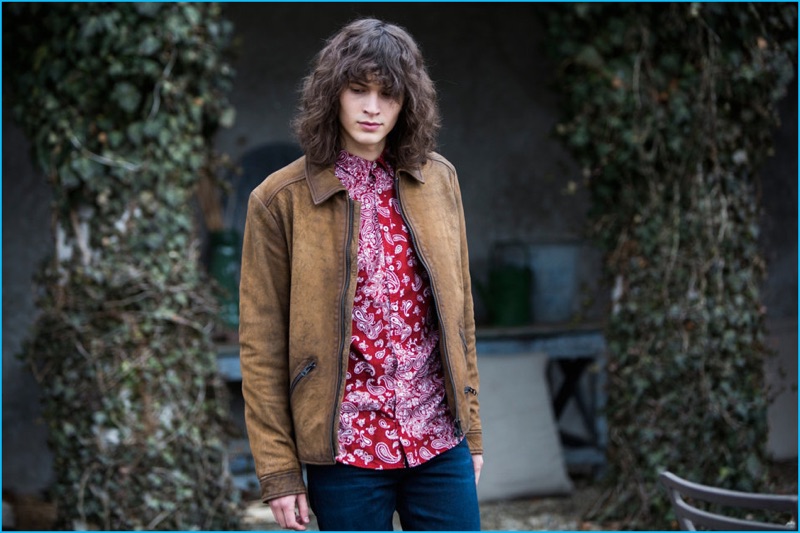 George Culafic sports a red patterned shirt and brown leather jacket with skinny denim jeans for BOSS Orange's fall-winter 2016 campaign.