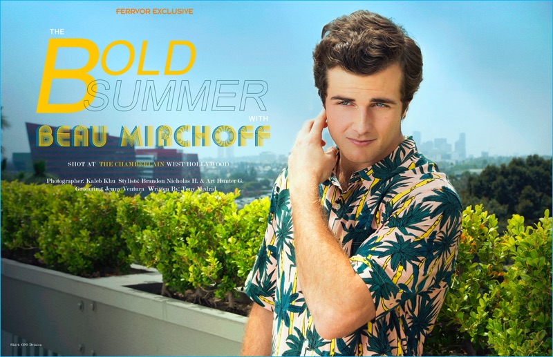 Beau Mirchoff sports a tropical print CPO shirt for Ferrvor.