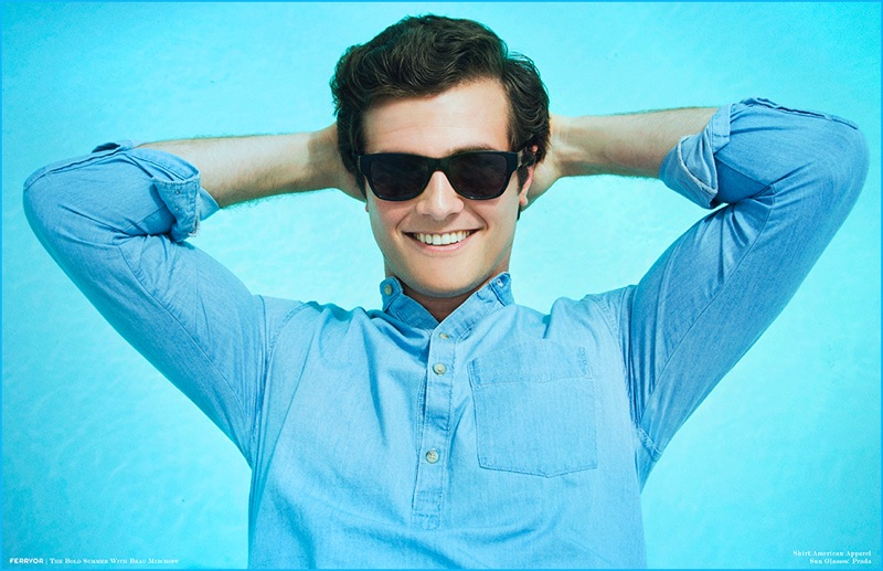 Beau Mirchoff is all smiles in an American Apparel shirt and Prada sunglasses.