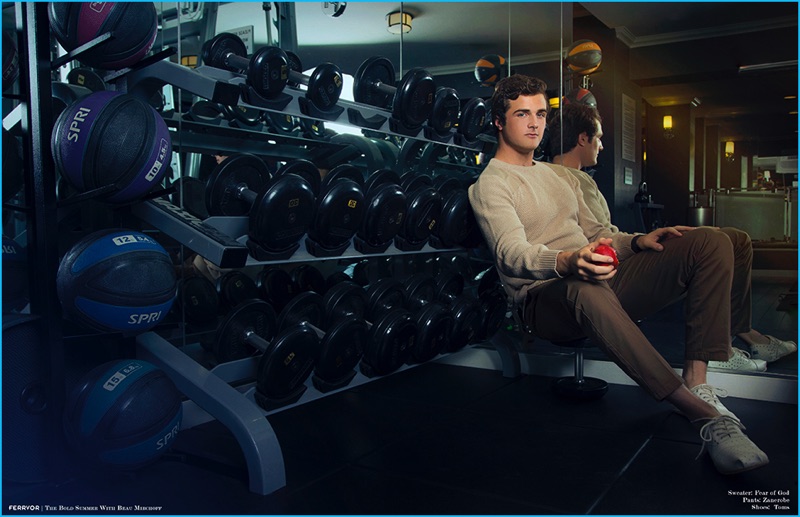 Beau Mirchoff goes casual in a Fear of God sweater, Zanerobe pants and Toms shoes.