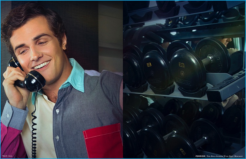 Beau Mirchoff rocks a colorblocked shirt from ASOS.