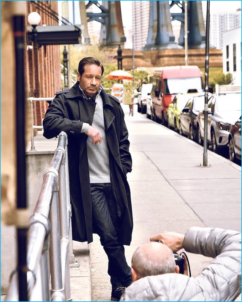 Behind the Scenes: David Duchovny dons a London Fog trench coat as he shoots the brand's fall-winter 2016 campaign.