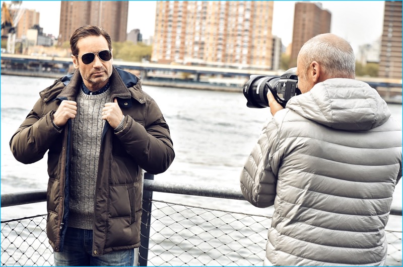 Behind the Scenes: David Duchovny rocks shades and a down jacket for London Fog's fall-winter 2016 campaign.
