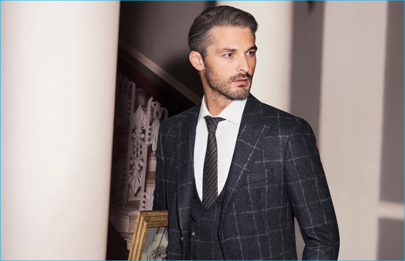 Ben Hill pictured in a windowpane suit for Dunhill's fall-winter 2016 campaign.