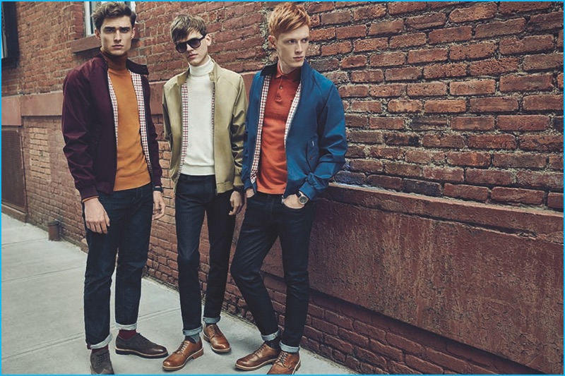 Ivan Kozak, Reid Rohling, and Linus Wordemann sport classic Harrington jackets and turtleneck sweaters for Ben Sherman's fall-winter 2016 campaign.