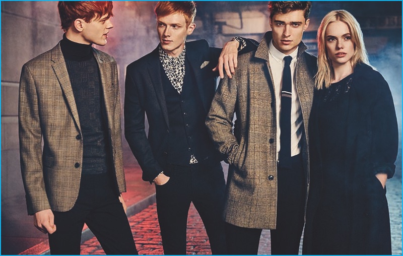 Herringbone is front and center as models Reid Rohling, Linus Wordemann, Ivan Kozak, and Mia Stass front Ben Sherman's fall-winter 2016 campaign.