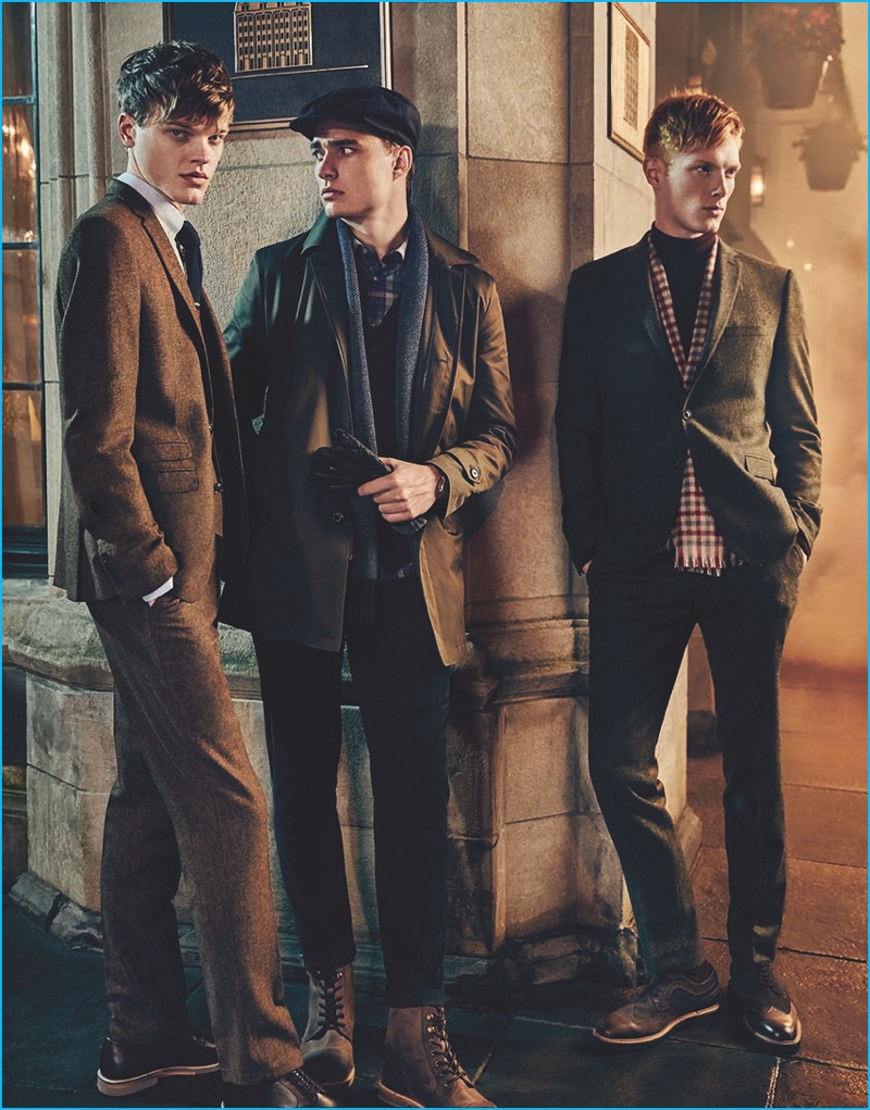 Models Reid Rohling, Ivan Kozak, and Linus Wordemann embrace London style for Ben Sherman's fall-winter 2016 campaign.