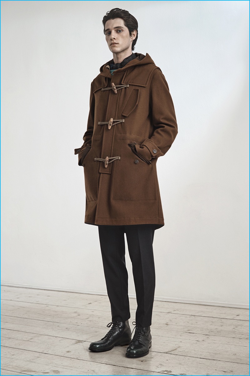 Luke Powell models a brown duffle coat from Boglioli's pre-fall 2016 collection.