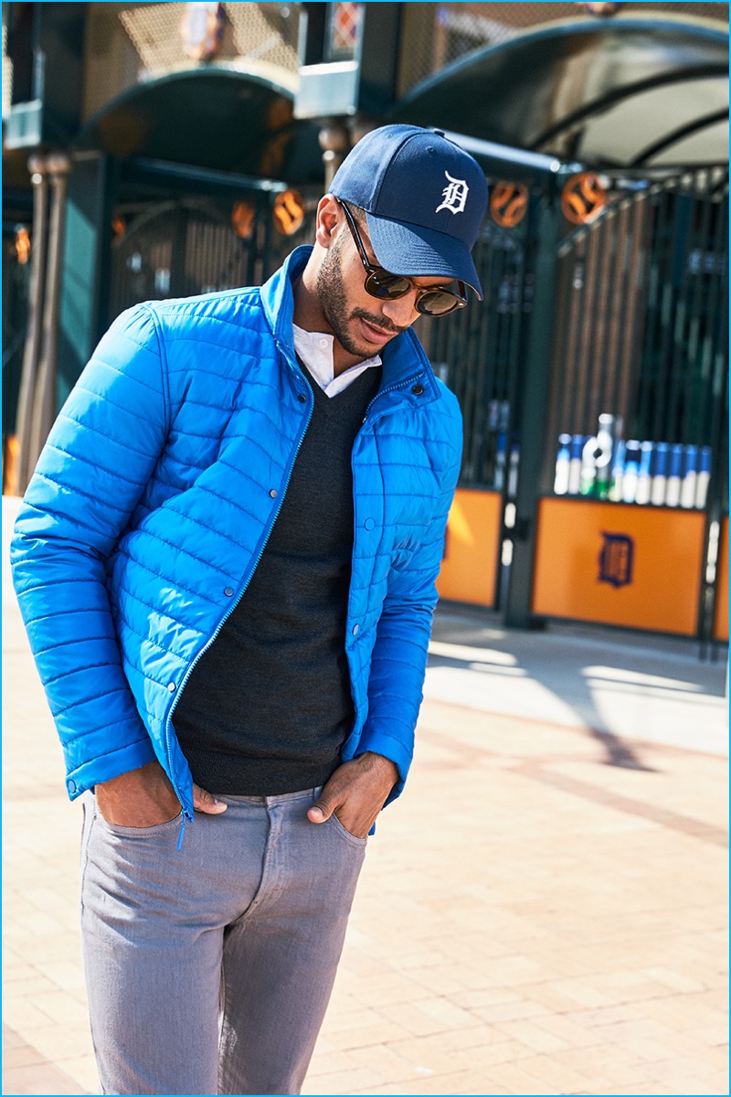 Nathan Owens goes casual in a blue quilted jacket from Bonobos' fall-winter 2016 lineup.