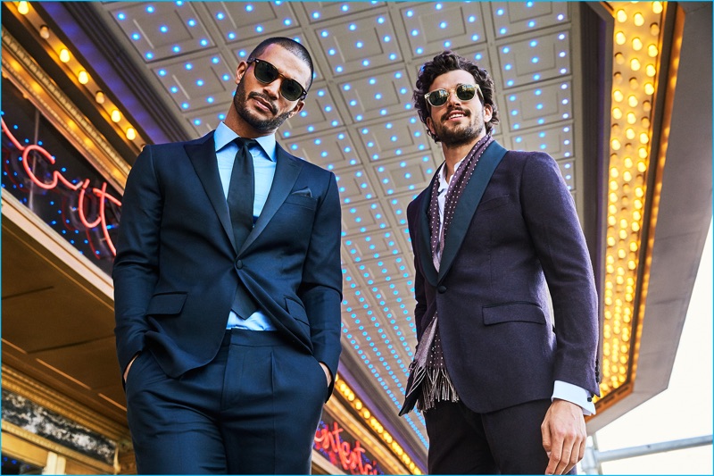 Nathan Owens and Paul Kelly are dashing in Bonobos suiting as they pose in front of the Fox Theatre in Detroit.