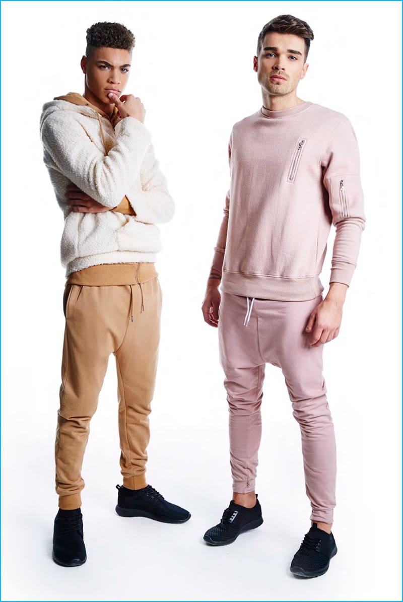 Brian Whittaker and Josh Cuthbert model sporty styles from BoohooMAN's fall-winter 2016 collection.