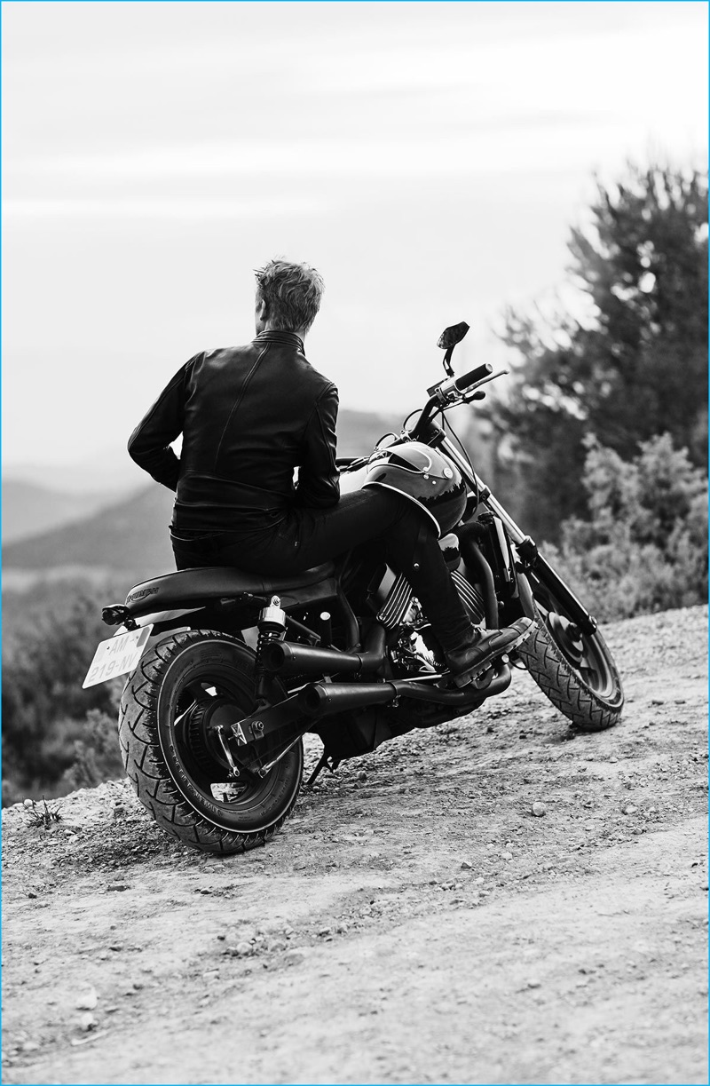 Boyd Holbrook pictured on the back of a motorcycle for Diesel magazine.