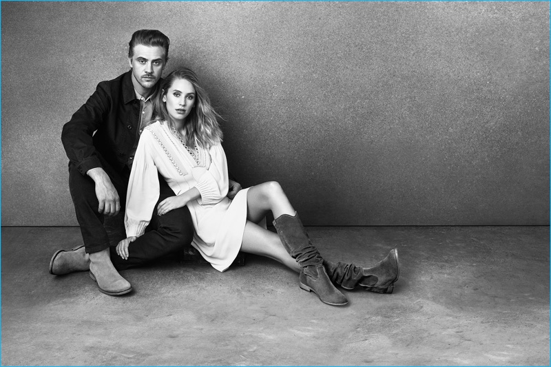 Boyd Holbrook and Dylan Penn front Frye's fall-winter 2016 campaign. Holbrook wears Frye's Chris Inside Zip Suede boots.