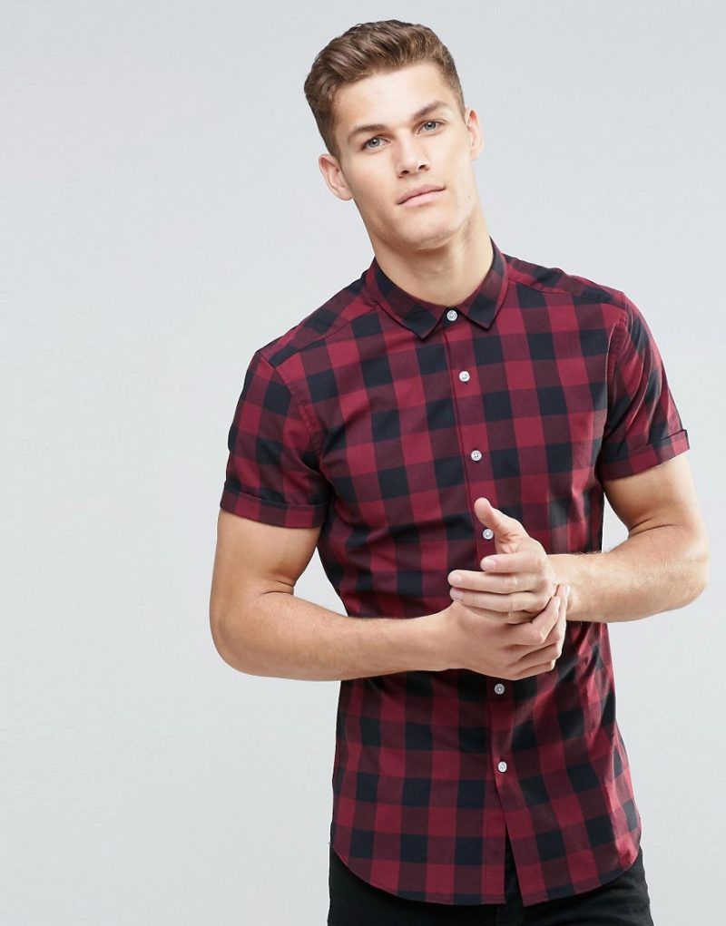 ASOS Red Buffalo Check Skinny Fit Short Sleeve Shirt