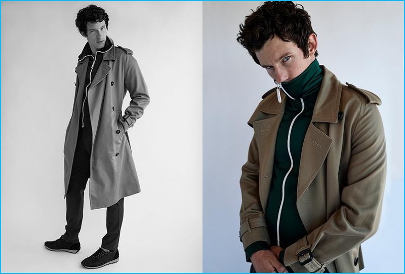Callum Turner rocks a Burberry trench coat with the brand's trendy track jacket.
