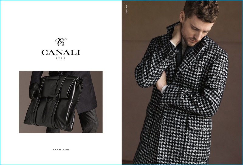 George Barnett models a houndstooth coat for Canali's fall-winter 2016 campaign.