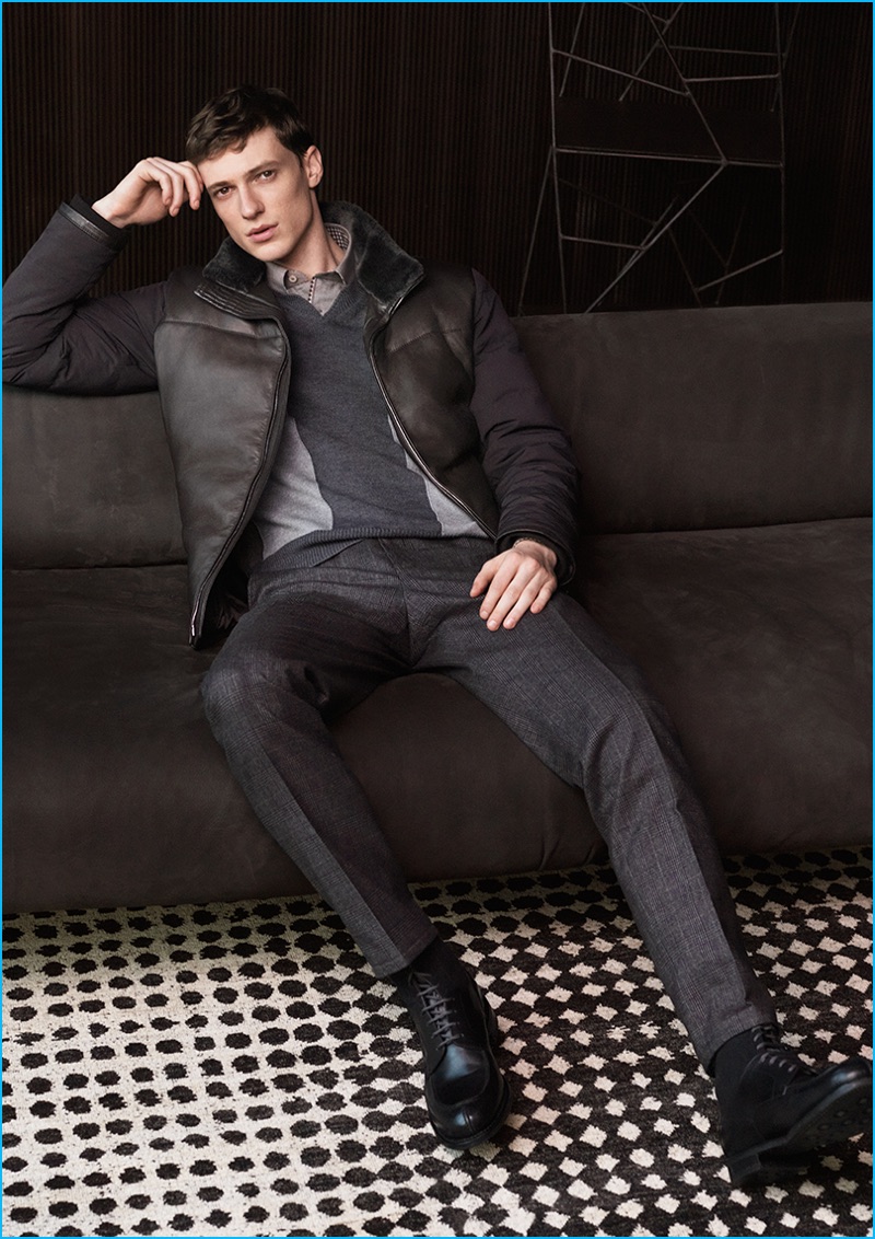 Tommaso de Benedictis wears a padded leather jacket from Canali's fall-winter 2016 collection.
