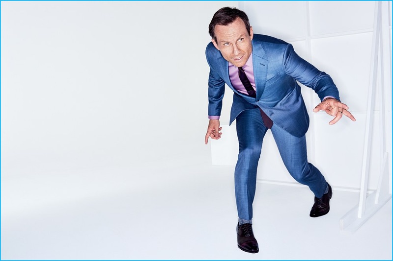 Christian Slater dons a blue Ermenegildo Zegna suit for GQ.