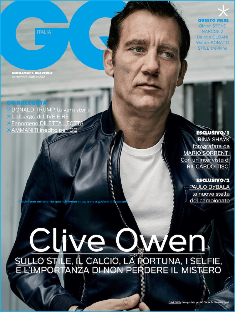 Clive Owen rocks a leather bomber jacket from Salvatore Ferragamo for the September 2016 cover of GQ Italia.