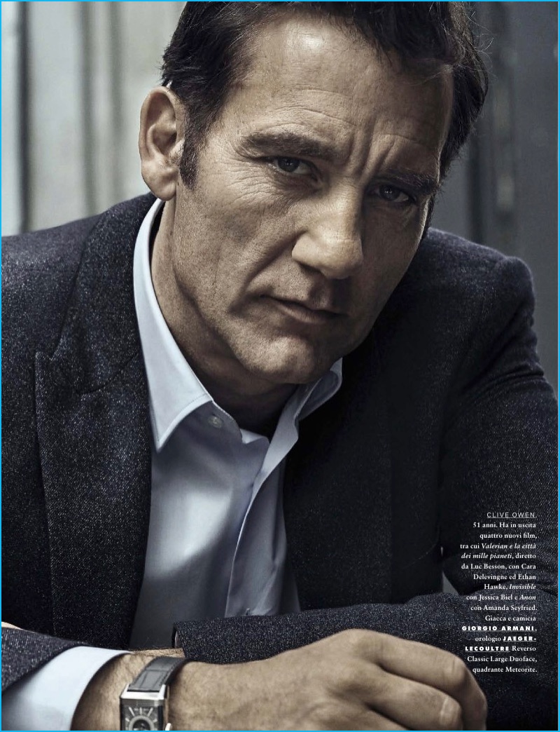 Clive Owen pictured in Giorgio Armani for the pages of GQ Italia.