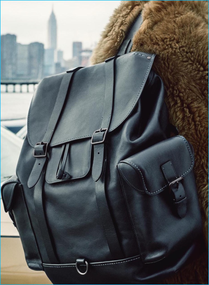 Coach fall-winter 2016 men's advertising campaign featuring one of the label's leather backpacks.