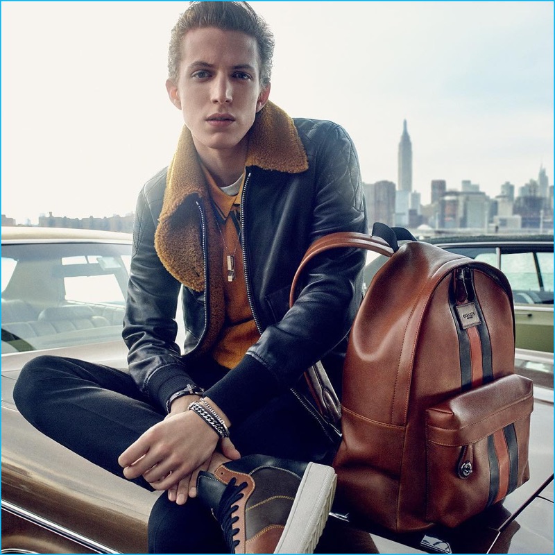 Xavier Buestel is front and center in a leather and shearling jacket for Coach's fall-winter 2016 men's advertising campaign.