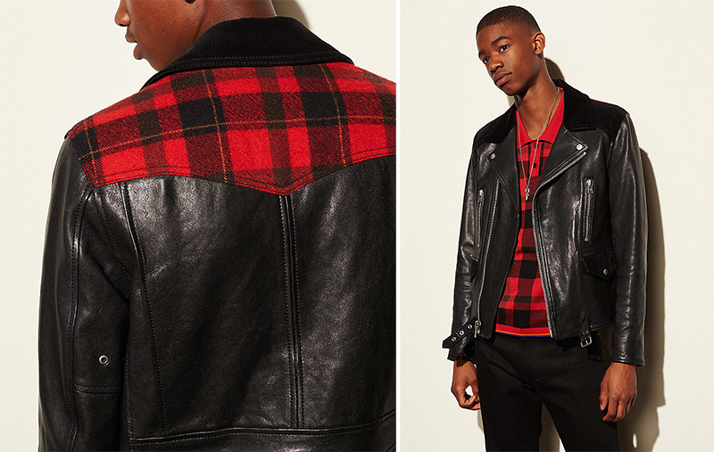 Coach Red Buffalo Check Mashup Leather Biker Jacket