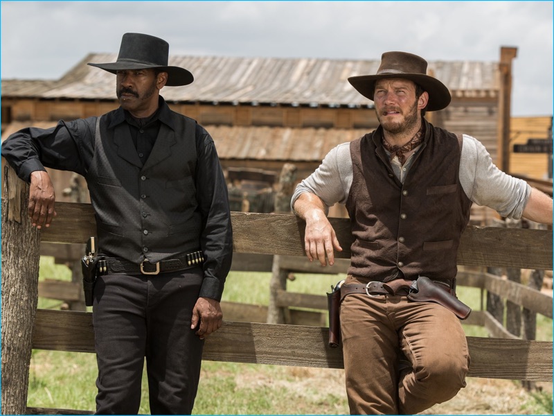 The Magnificent Seven costars Denzel Washington and Chris Pratt embrace western style. Pratt wears brown Ralph Lauren pants.