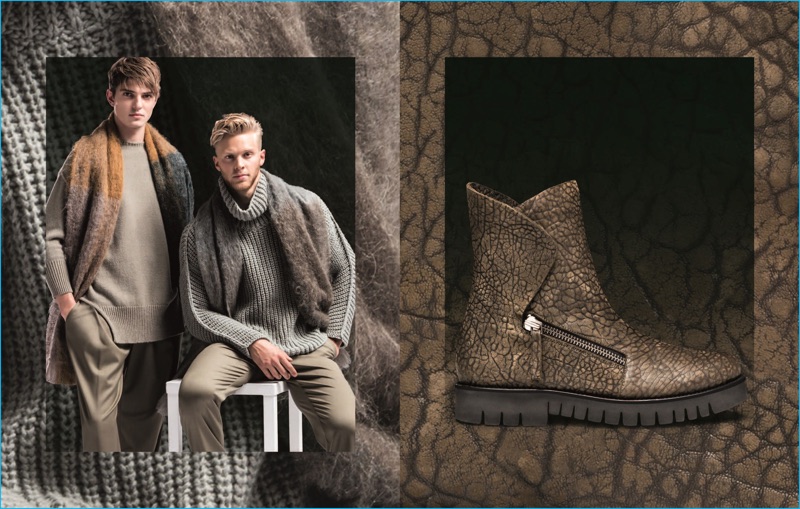 Guerrino Santulliana and Clark Bockelman wear ribbed knit sweaters from Emporio Armani's fall-winter 2016 collection. » Emporio Armani's Techno Tailoring is Front & Center for Fall Guerrino Santulliana and Clark Bockelman wear ribbed knit sweaters from Emporio Armani's fall-winter 2016 collection.
