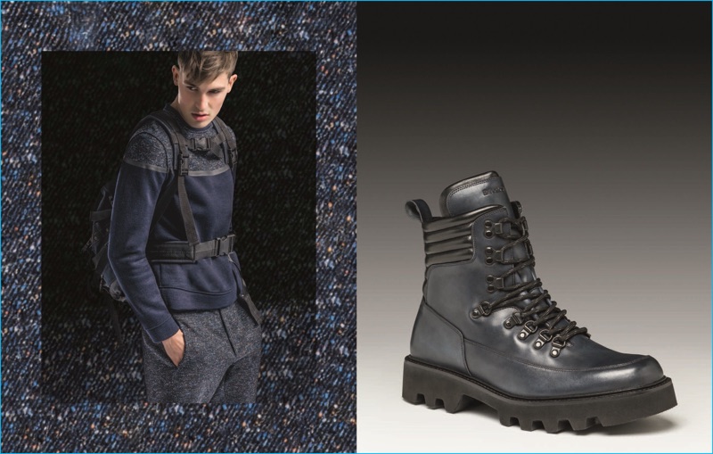 Jason Anthony embraces hiking style in a blue look from Emporio Armani's fall-winter 2016 collection.