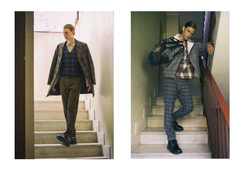 Left to Right: Lucas wears coat Palto, waistcoat Diktat, shirt Alfredo, trousers Pomandere, and shoes Dr Martens. Raffaele wears jacket Hamaki-Ho, t-shirt Leitmotiv, trousers Laboratori Italiani, bag Pierre-Louis Mascia, and shoes Dr Martens.