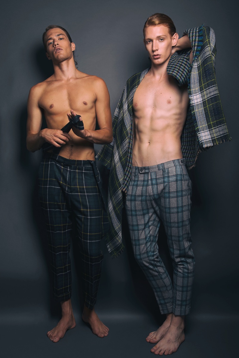Left to Right: Raffaele wears trousers with suspenders Matteolamandini. Lucas wears trousers Berwich and blanket used as shawl, Franco Ferrari.