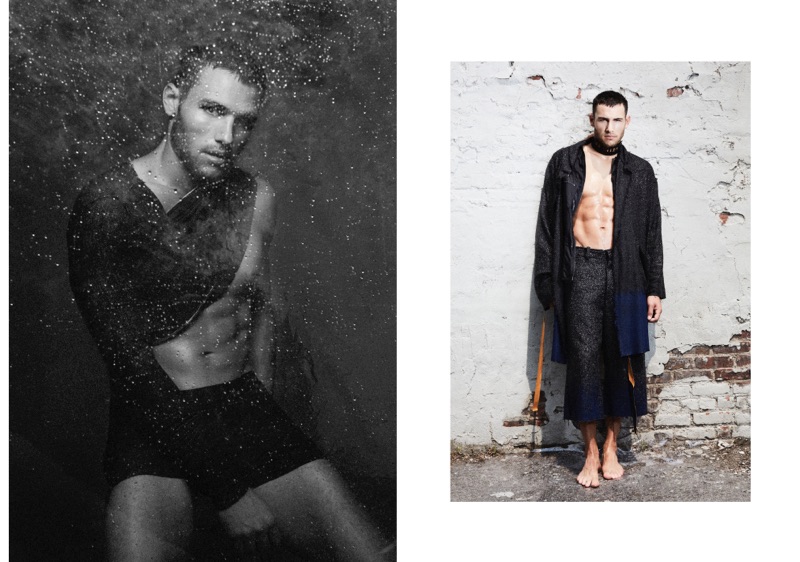 Left: Corey wears sweater Dsquared2 and underwear Diesel. Right: Corey wears choker 0770, coat and pants Manra Ro.