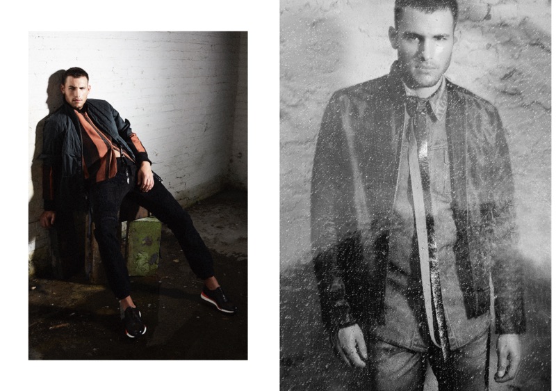 Left: Corey wears suede jacket Berluti, shirt Dsquared2, denim jeans and shoes Emporio Armani. Right: Corey wears jacket John Varvatos, denim jacket and pants Calvin Klein.