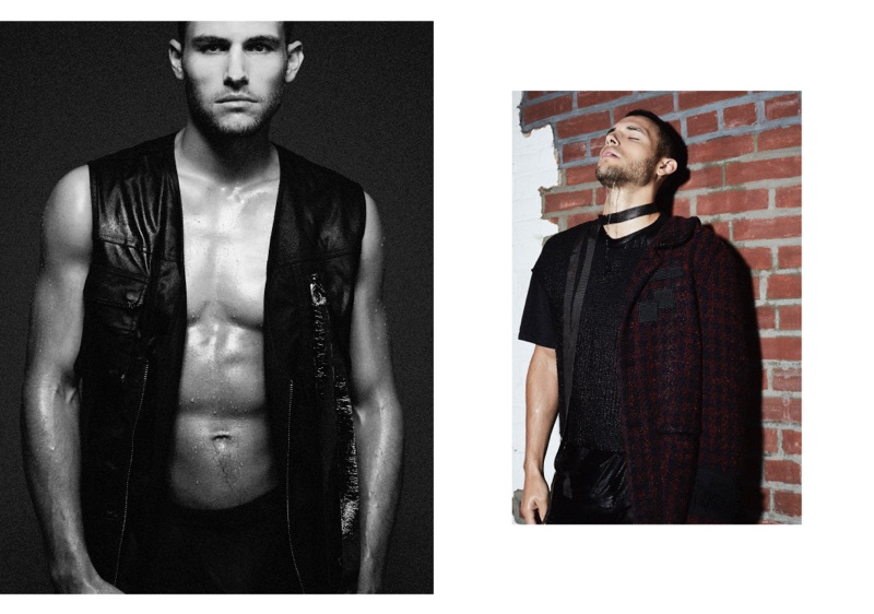 Left: Corey wears vest Diesel. Right: Corey wears coat, sweater and pants N° 21.