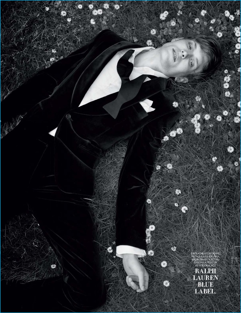 Felix Gesnouin dons a velvet tailoring number from Ralph Lauren Blue Label.