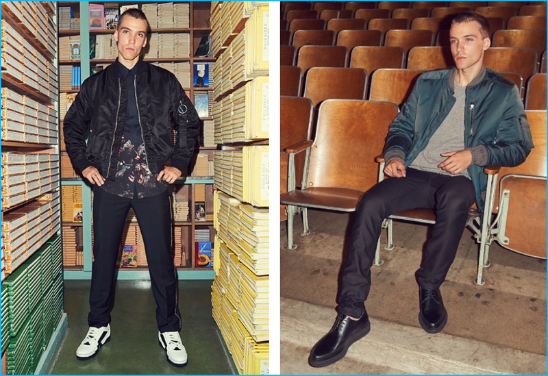 Left to Right: Bomber jacket, printed shirt, trousers, and low top Tyson sneakers Givenchy. Patchwork satin bomber, open stitch crewneck sweater, skinny denim pants, and waxed calfskin derbies Lanvin. 