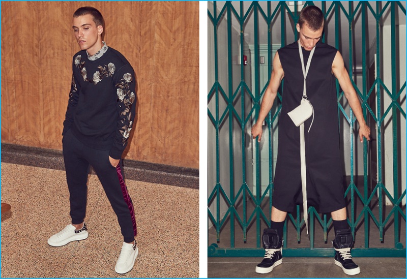 Left to Right: Floral print sweatshirt, skull print shirt, velour stripe sweatpants, and studded platform sneakers Alexander McQueen. Jumpsuit, leather Geobasket sneakers, and neck wallet Rick Owens. 