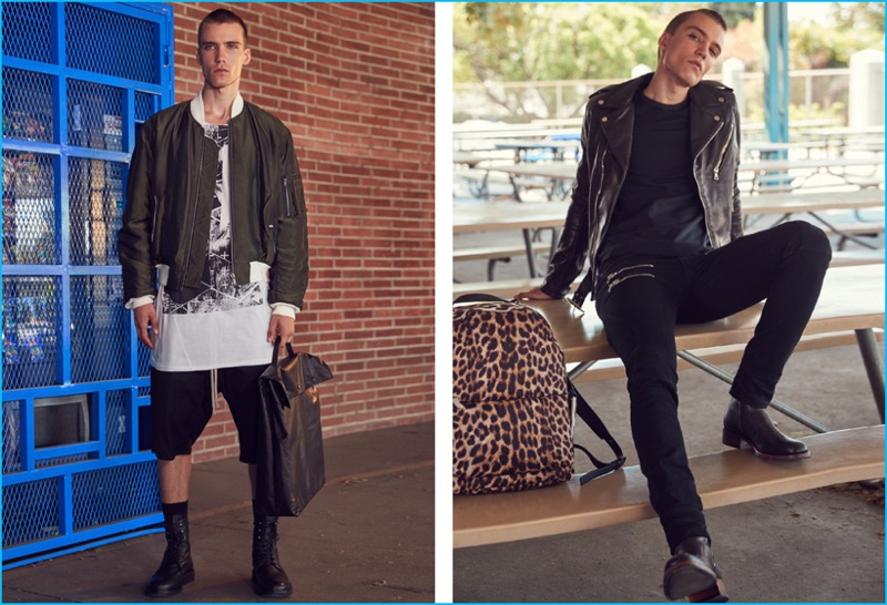 Left to Right: Bomber jacket Haider Ackermann, longline printed logo tee 11 by Boris Bidjan Saberi, Basket Swinger shorts, Rick Owens,  lace up leather combat boots Ann Demeulemeester, and crossbody leather bag Maison Margiela. Leather jacket Amiri, black cotton tee Acne Studios, Zipped Ru jeans Faith Connexion, leather boots Maison Margiela, and leopard print 31 Hour backpack 3.1 Phillip Lim.