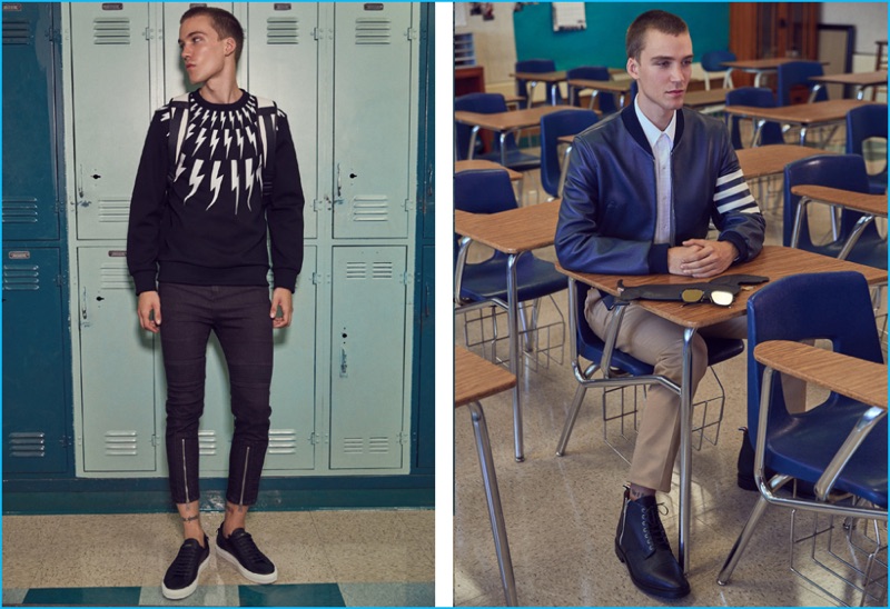 Left to Right: Urban Street low top sneakers Givenchy, white backpack Maison Margiela, Thunderbolt fair isle sweatshirt and skinny leg biker jeans Neil Barrett. Fitted deer skin varsity jacket, chinos, side zip cap toe leather boots, bar striped oxford shirt, and square sunglasses Thom Browne.