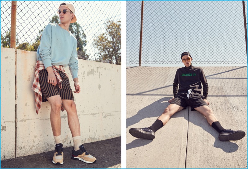 Left to Right: Faith Connexion destroyed sweatshirt, Maison Margiela western style check shirt, Second/Layer striped boxer shorts, Givenchy sneakers, Hender Scheme leather cap, and Dries Van Noten flat top sunglasses. Palm Angels Legalize It tee, Lanvin striped turtleneck, Second/Layer striped boxer shorts, Acne Studios leather sneakers, RTA cap, and Garrett Leight polarized Brooks sunglasses.