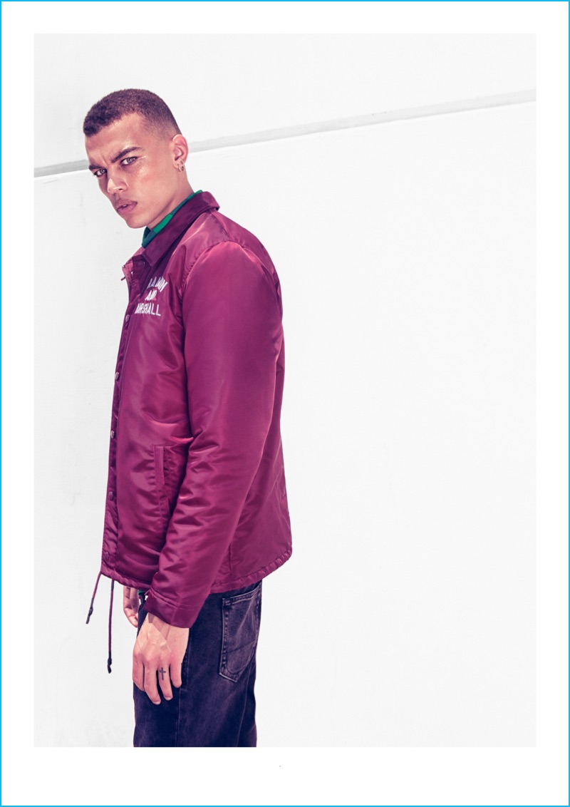 Dudley O'Shaughnessy sports a coach jacket for Franklin & Marshall's fall-winter 2016 campaign.
