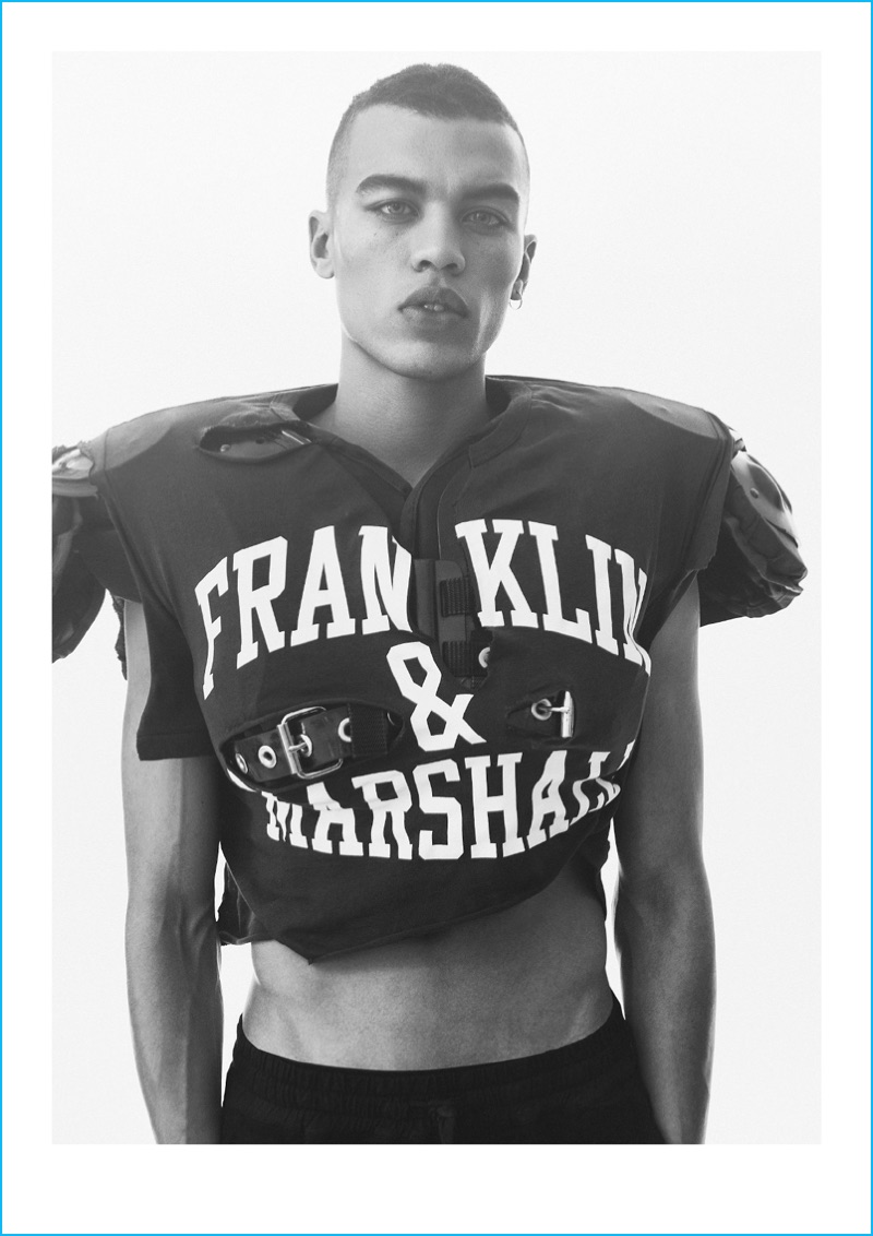 Dudley O'Shaughnessy channels his inner jock in a football uniform for Franklin & Marshall's fall-winter 2016 campaign.